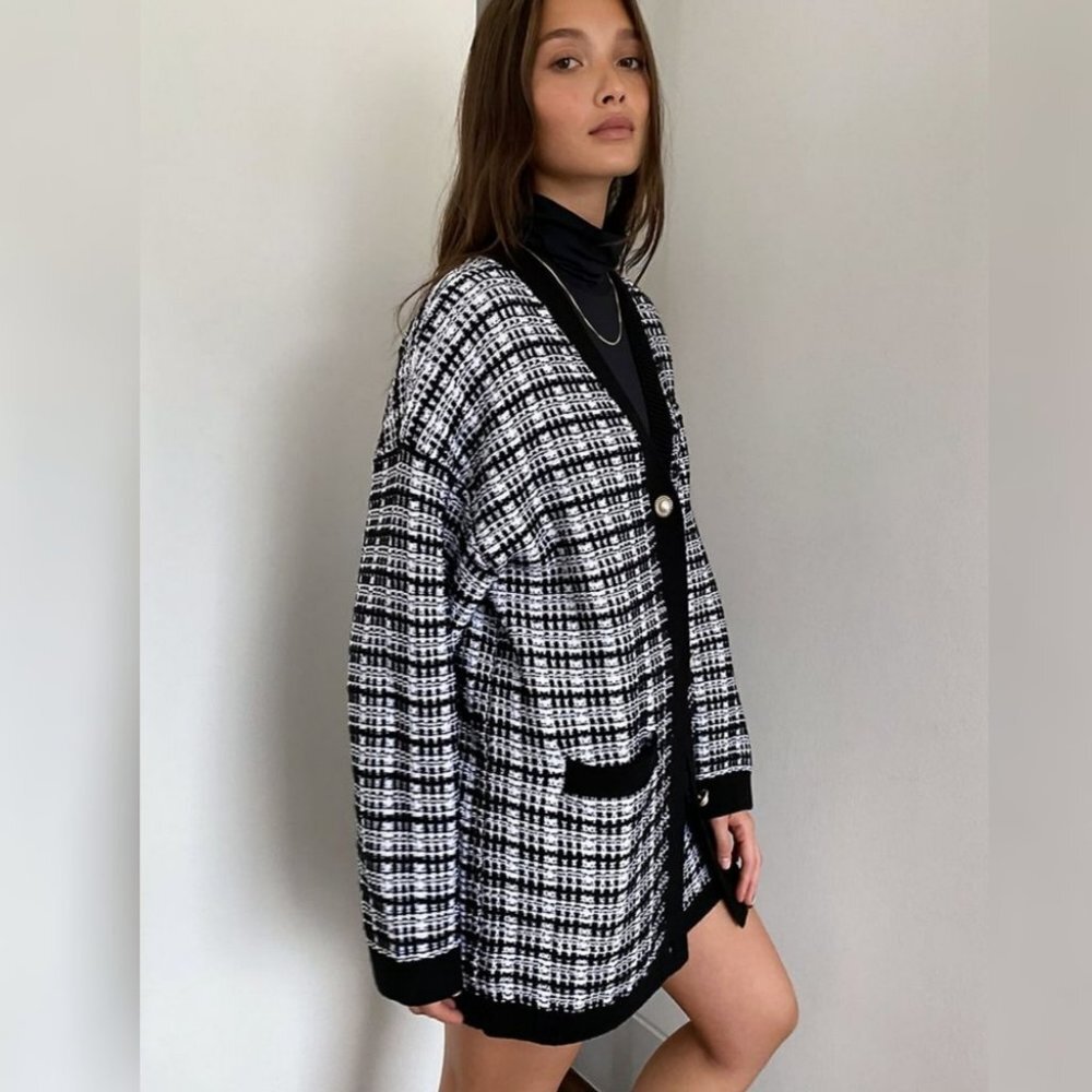 BABATON Lacer Tweed Cardigan Wool Sweater Pearl Buttons Black White XXS Aritzia